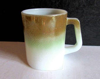 1950s Federal Glass Mesa Moss Mug - Brown Green, Mid Century, Iridescent Milk Glass 4 in FREE SH