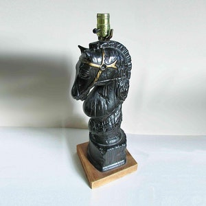 Vintage Ceramic Knight Chess Piece Horse Head Black Electric Table Lamp Works 21 inches tall and 7 inches wide base FREE SH