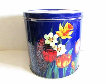Deep Blue Metal Tin with Floral Artwork from The Wood River Gallery, Mill Valley CA 7.5x7.75" tall  FREE SH