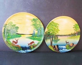 Pair Solid Wood Folk Art Hand Painted Tray Plaques Deer Wildlife Lakes MN 15.5 quot Vintage FREE SH