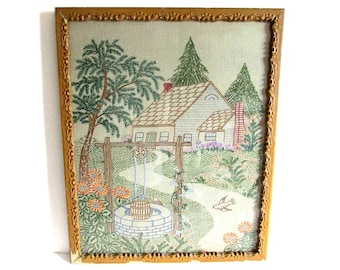 Vintage Needlework Yard Scene Framed Under Glass in Plaster & Wood 1930s 17.5x21.5"  FREE SH