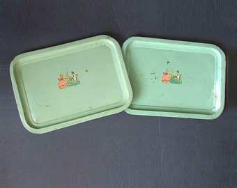 2 Vintage 1950s Green with Ladies At Tea, Metal Serving Lap Trays 14x10" FREE SH