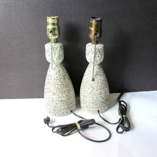 Pair Vintage Electric Table Bedroom Ceramic Lamps Black Tan Speckled on Cream 4.25x12" tall  FREE SH