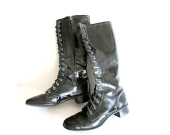 Vintage Girls Boots Black Patent Leather Lace Up/ Zip Size 1.5C   FREE SH