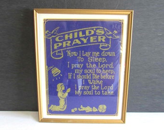 Vintage Child's Prayer Metal Framed Gold Glitter on Blue Print unmarked 8x10" FREE SH