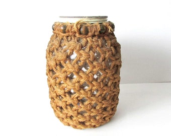 1960s Original Macrame Cover on Farmhouse Clear Glass Gallon Jar with Lid, base is 6.5x10.5" tall  FREE SH