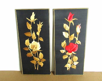 1980s Vintage Handmade Straw Intarsia, Floral Pair on Mounted Textile 6.25x13.75"  FREE SH