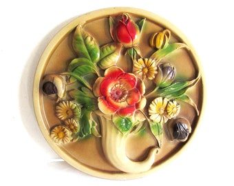 1940s Vintage Chalk Ware Plaster Wall Plaque 3D Floral and Cornucopia with Hanger Mid Century 12.5" FREE SH