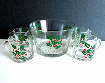 Vintage Indiana Glass Christmas Holly Berry Hostess Set with Ice Bucket, and 4 mugs  FREE SH