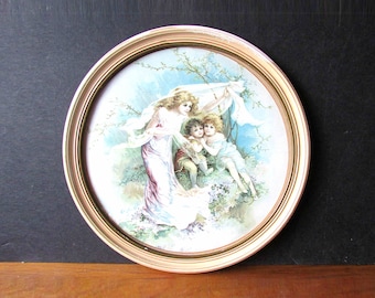 Vintage Wood Framed Fairy Woman & Children 1940s Print Wall Decor 11.25" FREE SH