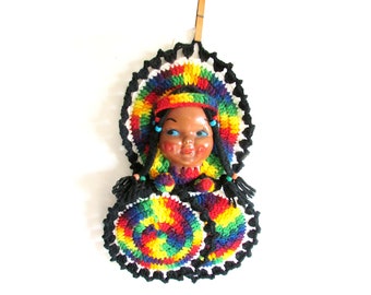 Retro 1970s Hand Crocheted Girl Doll Face Rainbow Wall Hanging with Pot Holders Kitsch 11x15" tall FREE SH