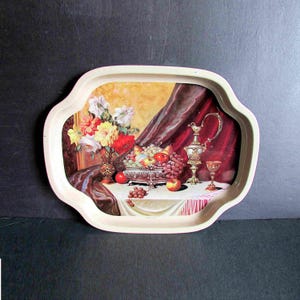 Vintage MTM Made Great Britain Metal Serving Tray Fruit Floral Tablescape Dining Scene 16 1/4 x 7/8 x 13 1/4 inches FREE SH