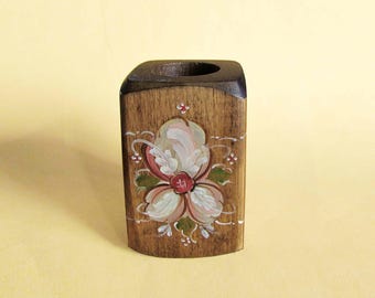 Scandinavian Hand Painted Rosemal Folk Art Original Wood Candle Holder (1 5/8 x 3 x 2 3/4") tall FREE SH