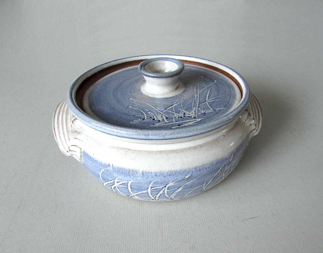 Vintage Blue Gray Signed Studio Pottery Stoneware Casserole Dish With ...