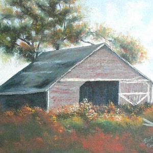 May include: A painting of a weathered wooden barn with a gray roof, surrounded by tall grass and a single tree. The barn has a large open door and a small window. The painting is signed "Bert Turkle" in the lower right corner.