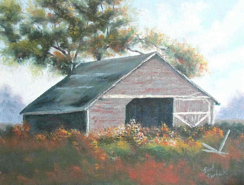 May include: A painting of a weathered wooden barn with a gray roof, surrounded by tall grass and a single tree. The barn has a large open door and a small window. The painting is signed "Bert Turkle" in the lower right corner.