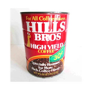 Vintage Hills Bros Coffee Can High Yield 1 lb 10 oz no lid 5 x 6.5 inches FREE SH