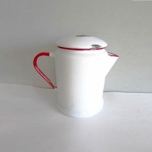 Vintage Red Band & White Enamelware Percolator Coffee Pot Farm Kitchen 6x9&quot; tall FREE SH