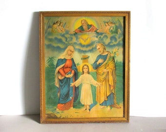 Old Rare Lithograph Print "The Holy Family" Jesus Mary Joseph Lord Holy Spirit Original Carved Wood Frame .5/8 x 17.5 x 21.75" tall FREE SH