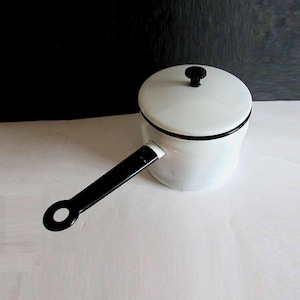 White Black Trim VTG - Enamelware Kitchen Pan w Cover - Plastic Knob Handle FREE SH