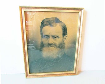 Wood Framed Antique Sepia Photograph Bearded Man  12.5x15.5" FREE SH