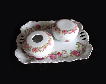 Antique Dresser Vanity Set Pink Roses, P.K. Silesia Germany, Handled Tray, Pin Holder and Hair Receiver Jars FREE SH