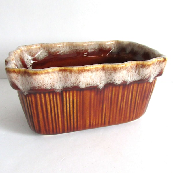 Vintage China Craft Pottery Planter C-75-2 Brown Drip Wood Grain Pattern w Ruffled Edge 6.25 x 4 x 3 inches tall FREE SH