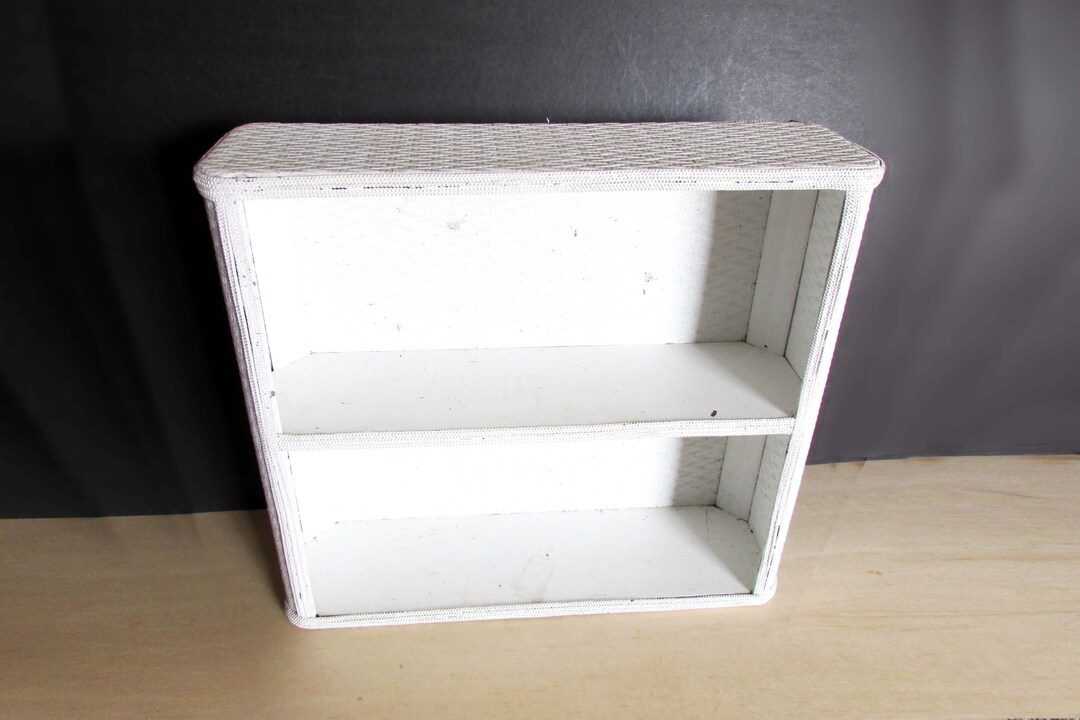 White Wicker Shelf Unit With 2 Tier Vintage Upcycled Storage 17.5 Tall