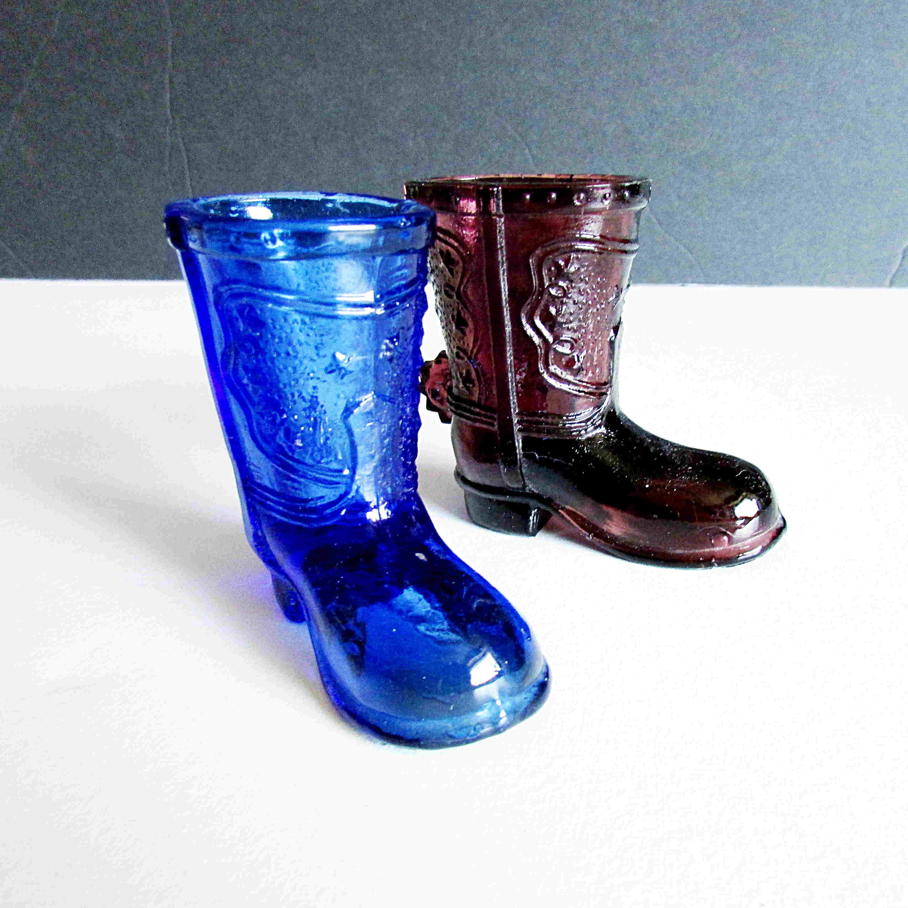 CHOICE: Cobalt Blue or Brown Glass, Western Cowboy Boot Spur 3 inch tall, Toothpick Match Holder  FREE SH