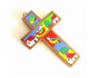 Hand-painted Wood Folk Art Cross from El Salvador-"Sombreado" artwork by La Palma 3 1/8 x 1/2 x 4 3/4 tall FREE SH
