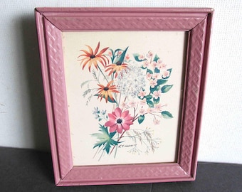 Vintage 1960s Framed Floral Print R F Harnett, Ornate Carved Wood Frame, Pink Finish 5 5/8  x 1/2 x 6 5/8 inches tall FREE SH