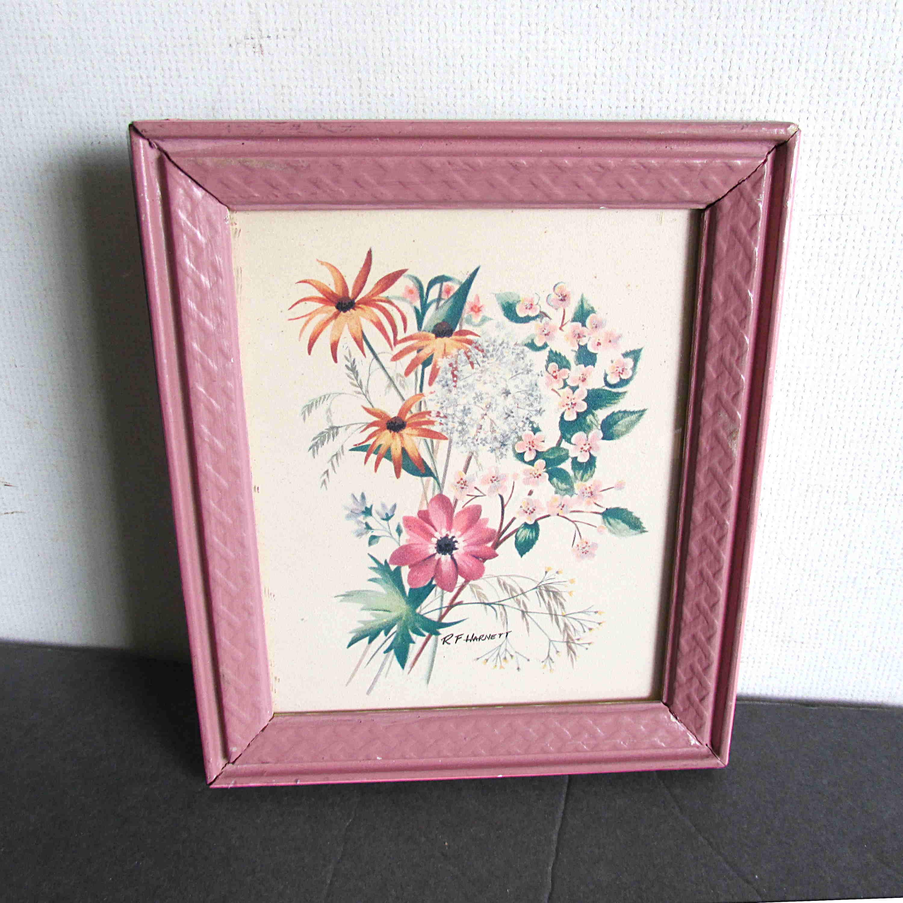 値引不可 2枚 激レア old sea × NATAL DESIGN 花rim Vintage 1960s Framed Floral Print R F Harnett, Ornate Carved Wood