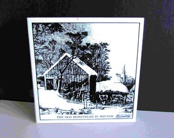 The Old Homestead in Winter, Currier and Ives 6" Tile Kitchen Trivet, Cork Backed  FREE SH