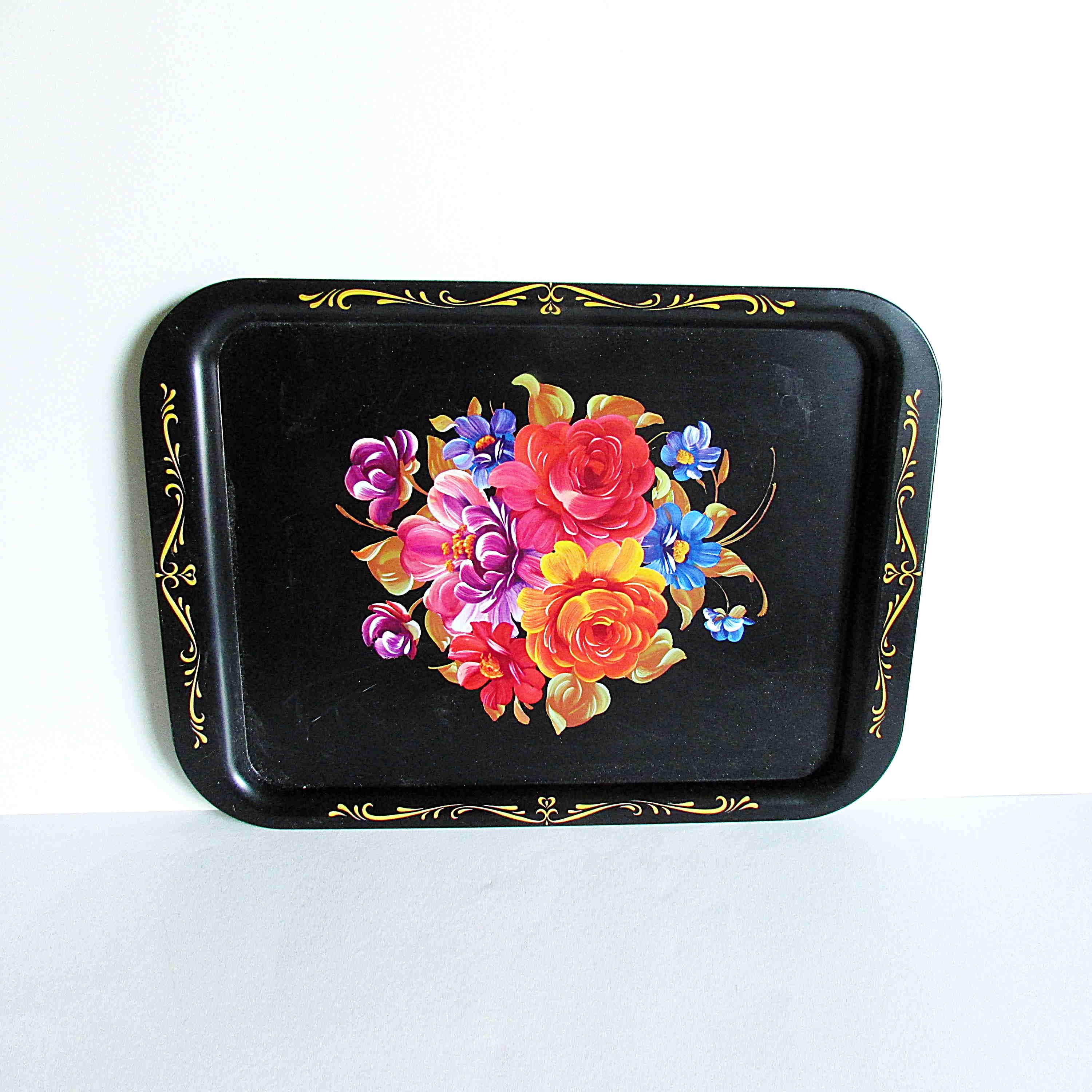 Vintage 1960s Hand Painted Toleware Black Floral Metal Tray 17.5 X 