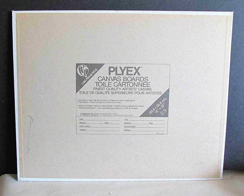 May include: A brown canvas board with a white label that reads "PLYEX Canvas Boards Toile Cartonee Finest Quality Artists' Canvas Toile de Qualite Superieure Pour Artistes" and includes the dimensions 16" x 20" (40.6 x 50.8 cm).