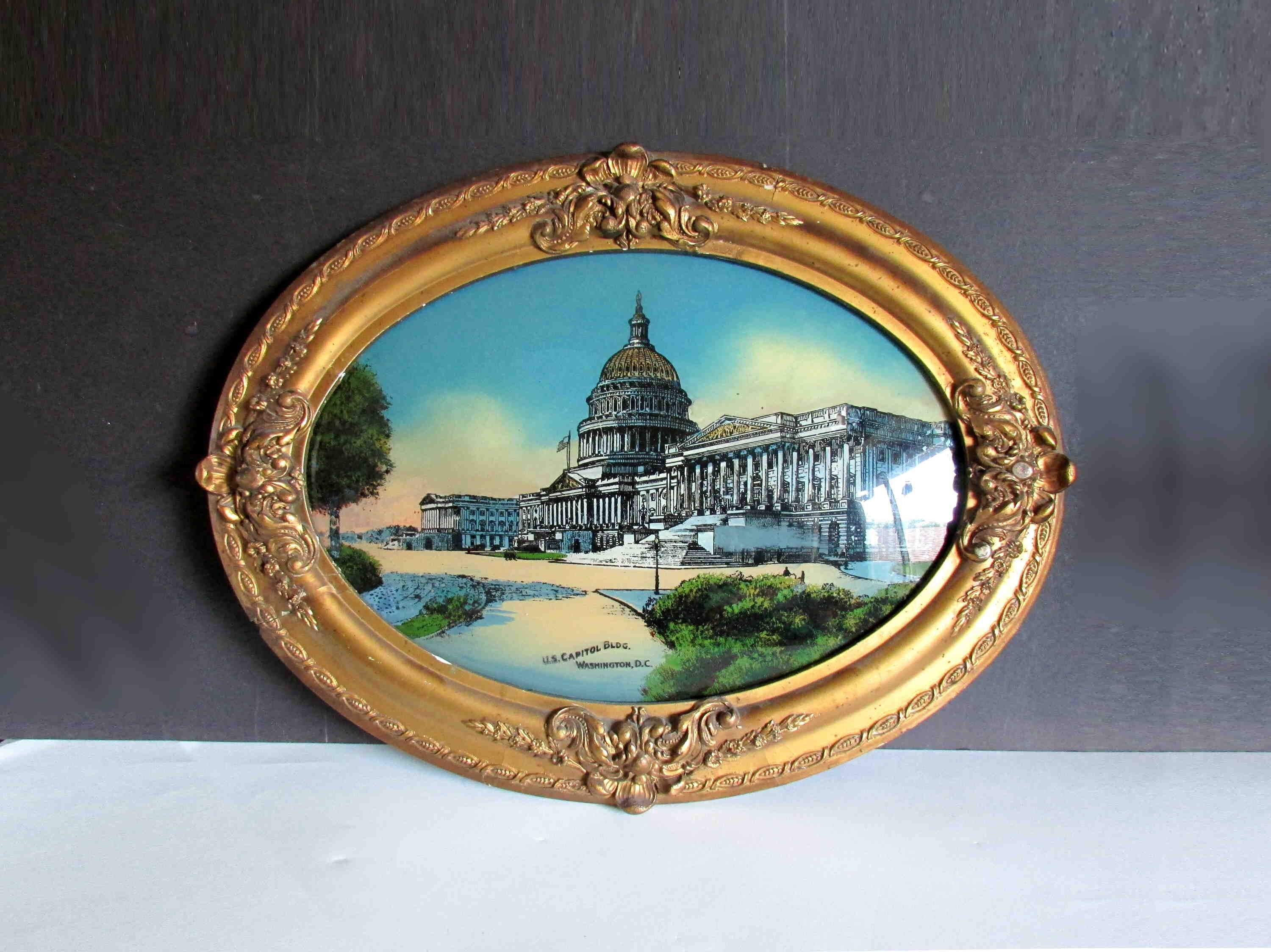 Antique Plaster/wood Oval Framed Convex Glass Reverse Painting United  States Capitol Building, Washington DC 1910s 25 X 19\, image size:3000x2247
