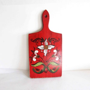 Vintage Bread Cutting Board with Scandinavian Rosemal Hand Painted Folk Art Kitchen Wall Decor 7/8 x7 x 14&quot; FREE SH