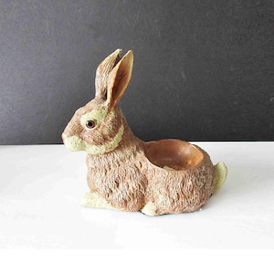 May include: A brown and tan rabbit-shaped planter. The ceramic planter has a textured fur-like appearance, with a hollowed-out center for planting. The rabbit has long ears and is sitting down. The planter is on a white surface.