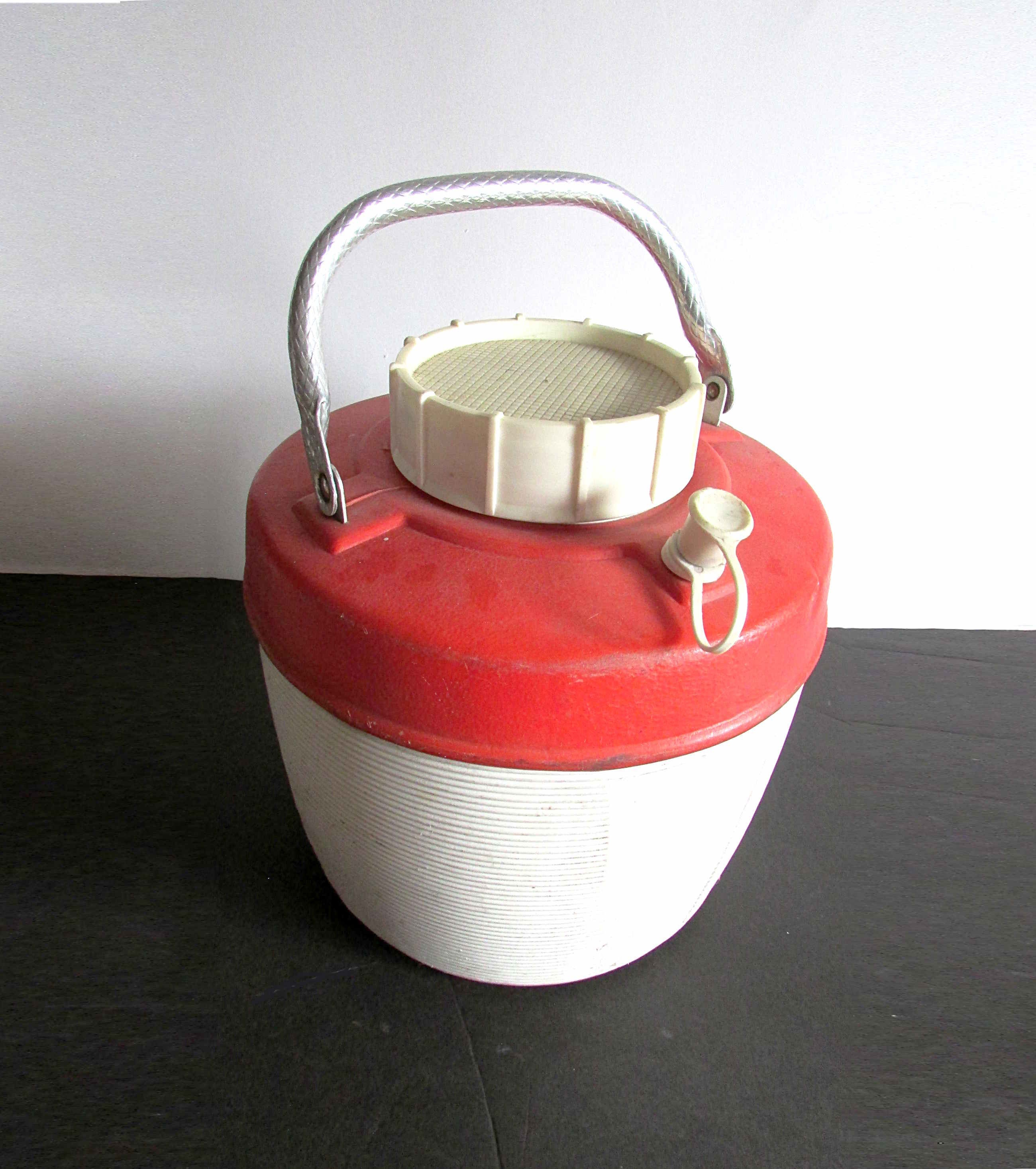 Vintage Poloron Thermos Jug Red and White With Spout Picnic