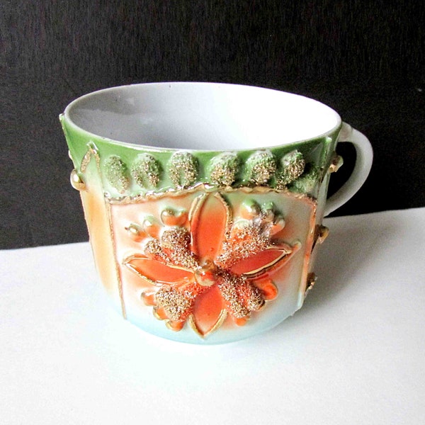 Fancy German Luster Victorian Porcelain Raised Floral Art Mug Cup Glitter Gold Trim Old 3.25x3.125"  FREE SH