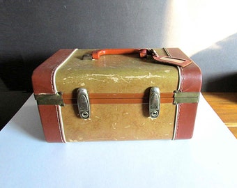 1940s Leather Trimmed Gold Train Case w Interior Mirror, Cosmetics Tray, Antique Luggage Photo Props 12.5x8.5x7" FREE SH