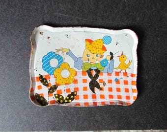 1930s Ohio Art Co Tin Litho Toy Tea Serving Tray, Humpty Dumpty, Fern Bisel Peat, 7.5x5.5 inches  FREE SH