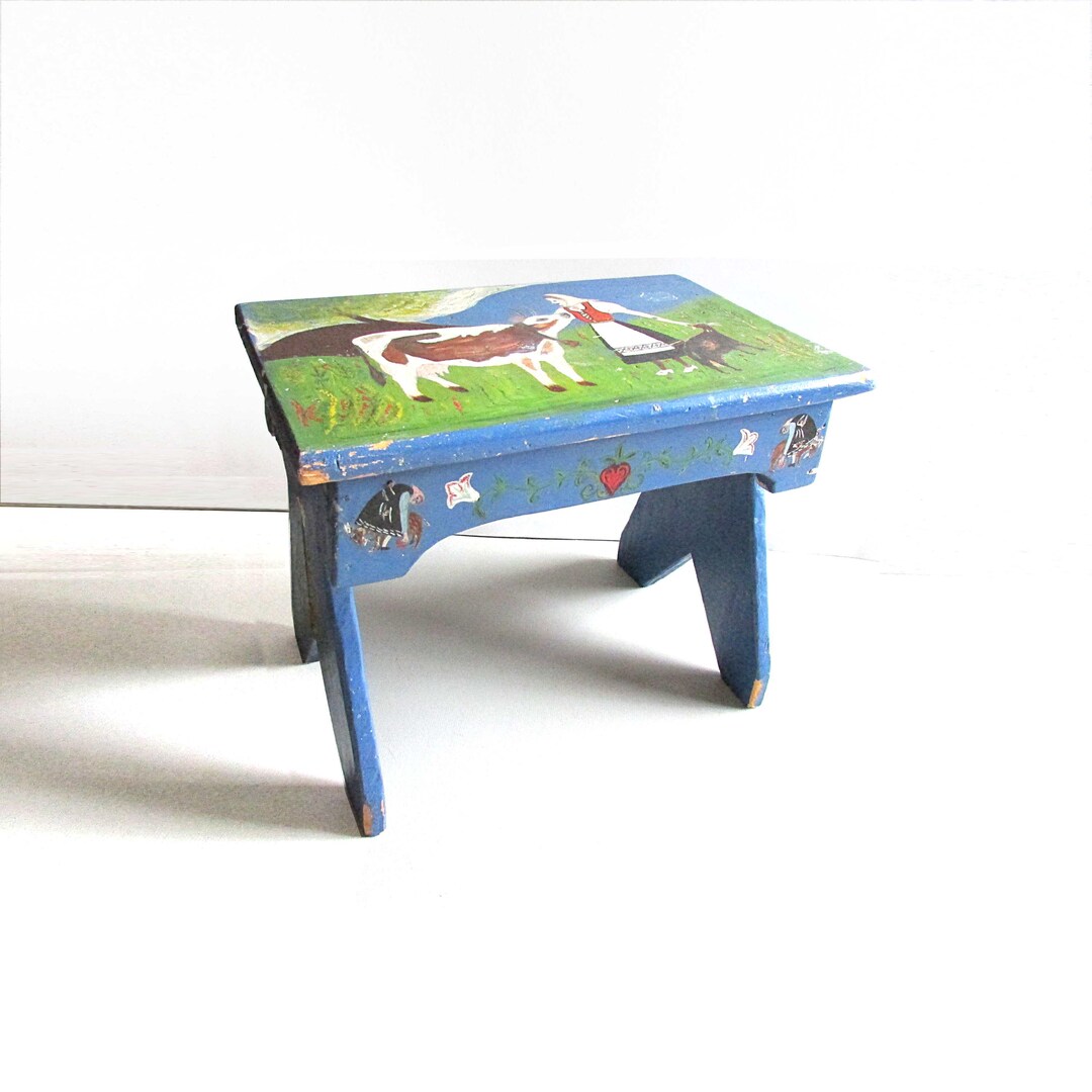 Primitive Folk Art Hand Painted Solid Wood Vintage Foot Stool Milking ...