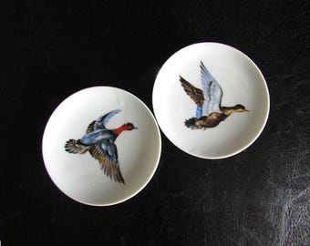 Vintage 1950s 4" Pin Tray Plates - Flying Ducks - Mid Century Set of 2 Ceramic FREE SH