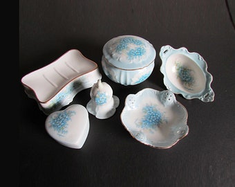 Hand Painted 6 Piece Vintage Dresser Vanity Set, Blue Forget Me Not Flowers, Porcelain with Gold Trim FREE SH