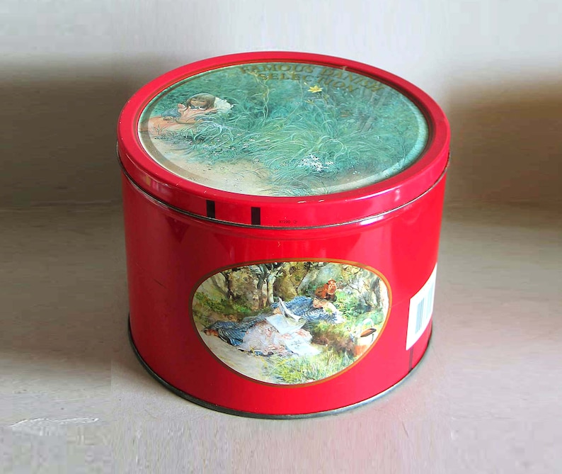 Vintage 1980s Famous Danish Selection Butter Cookie Tin, Artist Carl Larsson 7.5 x 5.5 inches tall FREE SH image 1