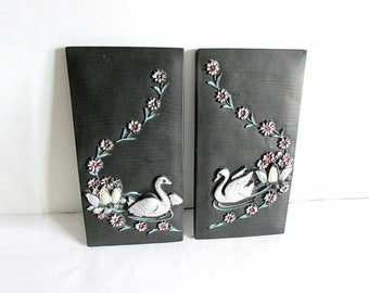 Pair Vintage Chalk Ware Facing Floral Swans Wall Plaques Mid Century 5x9.5" FREE SH