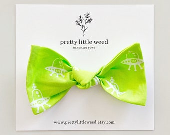Bright Green Alien Spaceship Hair Bow, Toddler Clip or Headband