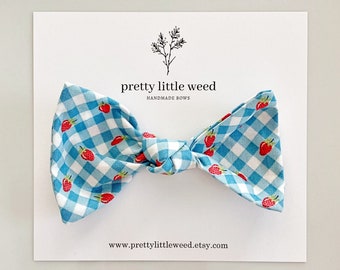 Strawberry Gingham Plaid Hair Bow, Alligator Clip or Headband