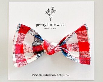 Red White & Blue Plaid Hair Bow, 4th of July, Baby Headband